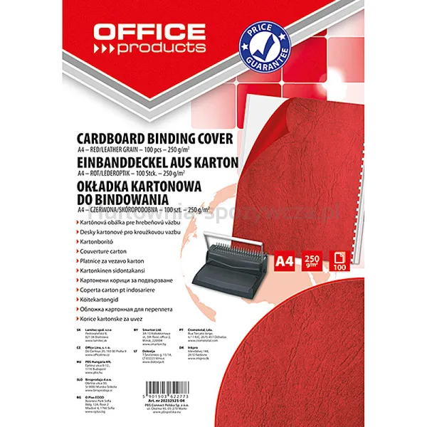 Office Products Okładki Do Bindowania Karton, A4, 250Gsm, Skóropodobne, 100Szt., Czerwone 