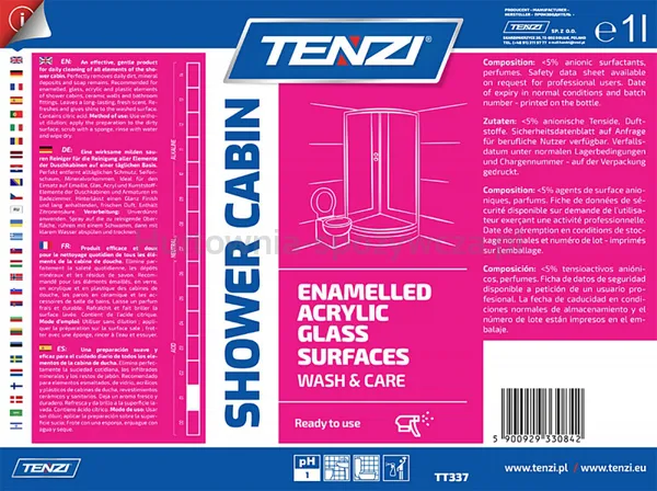 Środek do czyszczenia kabin prysznicowych TENZI, anglojęzyczna etykieta, 1l