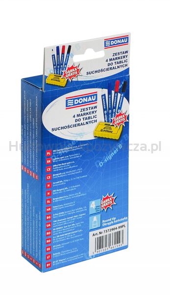 Zestaw 4 markery do tablic DONAU D-Signer B, okrągły, mix kolorów, gąbka gratis - 4