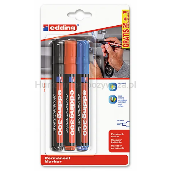 Marker permanentny e-300 EDDING, 1,5-3mm, 3 szt., blister, mix kolorów