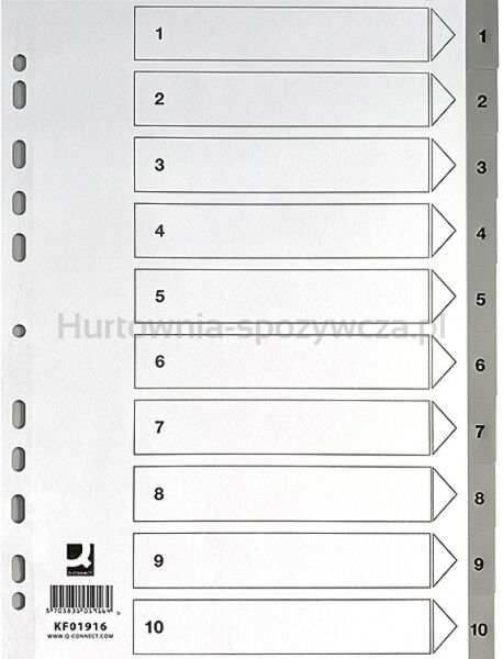 Q-Connect Przekładki PP, A4, 225x297mm, 1-10, 10 kart, szare 