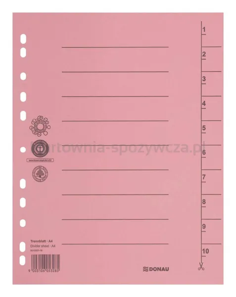 Donau Przekładka Karton A4, 235X300Mm, 1-10, 1 Karta, Jasnoróżowa 