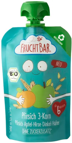 Mus brzoskwinia, jabłko, proso, orkisz, owies, powyżej 6 miesięcy (100% recyclable) BIO 100 g