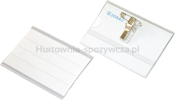 Identyfikator DONAU, z klipsem i agrafką, otwór z boku, transparentny