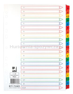Przekładki Q-CONNECT Mylar, karton, A4, 225x297mm, A-Z, 21 kart, lam. indeks, mix kolorów
