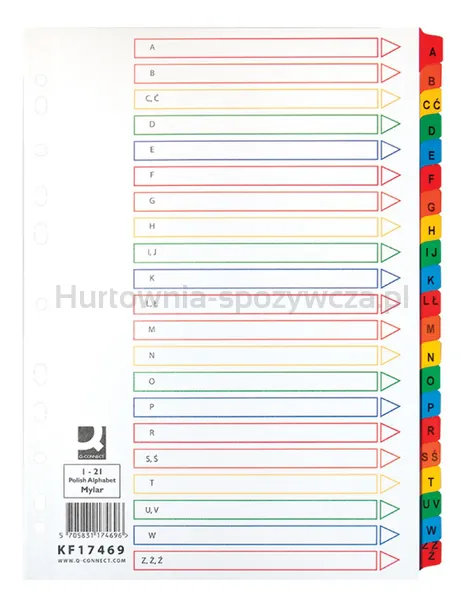 Przekładki Q-CONNECT Mylar, karton, A4, 225x297mm, A-Z, 21 kart, lam. indeks, mix kolorów