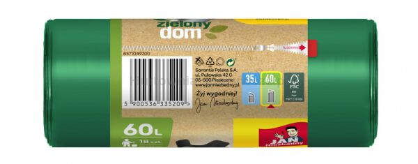 Worki na śmieci JAN NIEZBĘDNY, zielony dom, easy pack, 60l, 18szt., zielone - 2