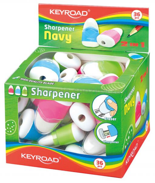 Temperówka KEYROAD Navy, plastikowa, pojedyncza, z gumką, pakowane na displayu, mix kolorów - 2