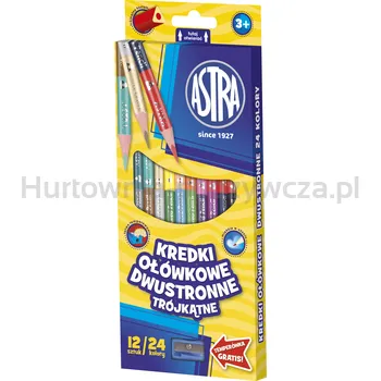 kredki ołówkowe trójkątne dwustronne Astra 12=24 kolory + temperówka gratis