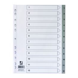 Q-Connect Przekładki PP, A4, 225x297mm, 1-12, 12 kart, szare 