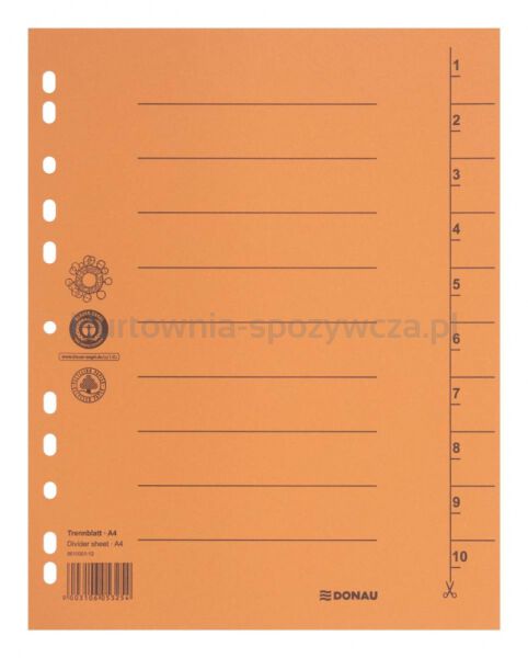 Donau Przekładka karton A4, 235x300mm, 1-10, 1 karta, pomarańczowa 