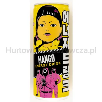 Squid Game napój energetyczny gazowany o smaku mango z tauryną, kofeiną i dodatkiem witamin 250 ml.