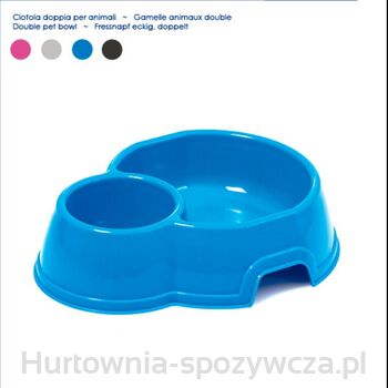 Miska dwukomorowa dla kotów i psów, plastikowa;  do wody i pokarmu;  wymiary:  21 x 6 x 21 cm;  dostępne kolory: czerwona, szara, niebieska, czarna