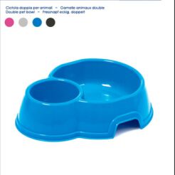 Miska dwukomorowa dla kotów i psów, plastikowa;  do wody i pokarmu;  wymiary:  21 x 6 x 21 cm;  dostępne kolory: czerwona, szara, niebieska, czarna