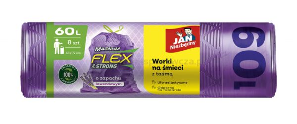 Worki na śmieci JAN NIEZBĘDNY, magnum flex, z taśmą, 60l, 8szt., lawendowe