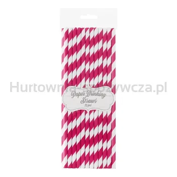Słomki Papierowe Magenta Paski, 6X197Mm / 24 Szt.