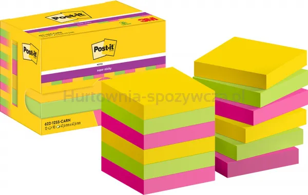 Post-It Karteczki samoprzylepne Super Sticky, 47,6x47,6mm, 12x90 kart., paleta Carnival 