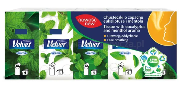Velvet Chusteczki higieniczne Eukaliptus i mentol, 4-warstwowe, 10x10szt., białe