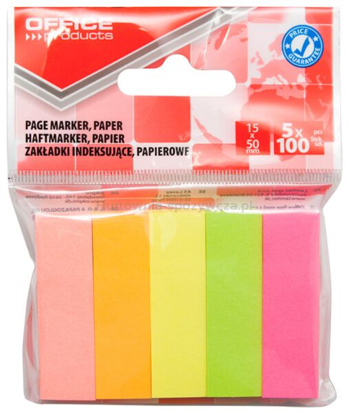 Zakładki indeksujące OFFICE PRODUCTS, papier, 15x50mm, 5x100 kart., zawieszka, mix kolorów