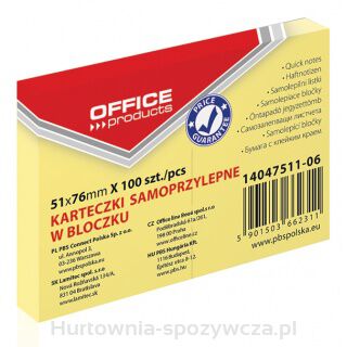 Bloczek Samoprzylepny Office Products, 51X76Mm, 1X100 Kart., Pastel, Jasnożółty