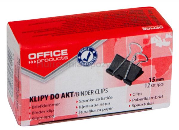 Klipy do dokumentów OFFICE PRODUCTS, 15mm, 12szt., czarne
