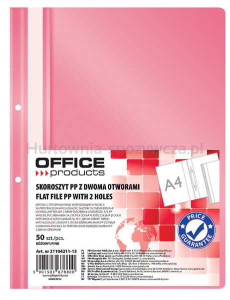 Office Products Skoroszyt, PP, A4, 2 otwory, 100/170mikr., wpinany, różowy 