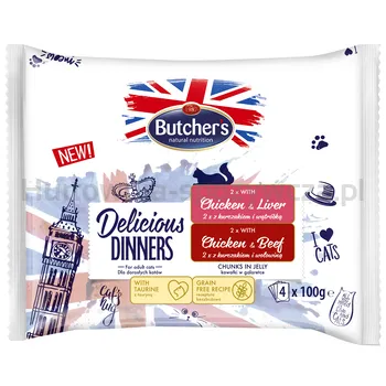 Butcher's Delicious Dinners Cat 2X Z Kurczakiem I Wątróbką 2X Z Kurczakiem I Wołowiną Kawałki W Galaretce 4X100G