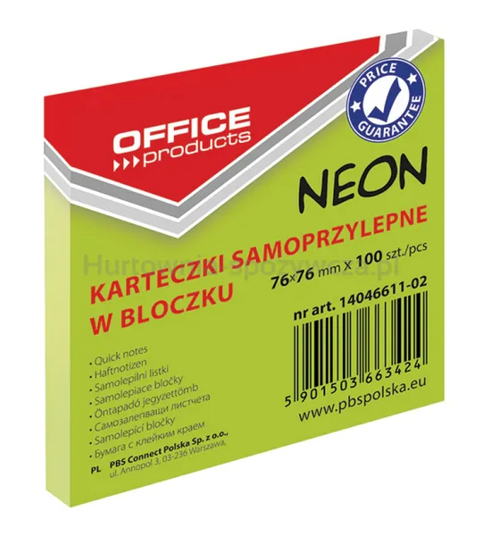 Office Products Bloczek Samoprzylepny76X76Mm, 1X100 Kart., Neon, Zielony 