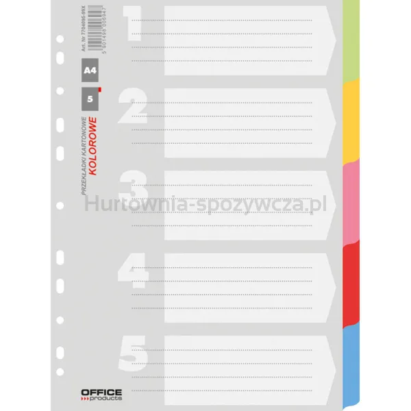 Office Products Przekładki karton, A4, 223x297mm, 5 kart, mix kolorów 