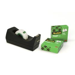 Taśma biurowa SCOTCH® Magic™ (SM3-12), matowa, z dyspenserem, 19mm, 33m, 3szt., podajnik C-38 czarny GRATIS