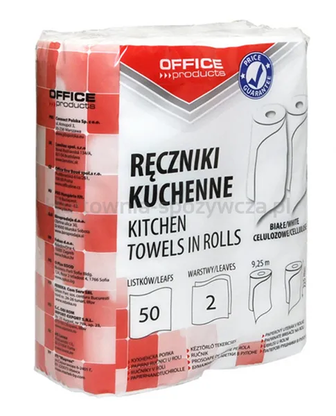 Ręczniki Kuchenne Celulozowe Office Products, 2-Warstwowye, 50 Listków, 9, 25M, 2Szt., Białe