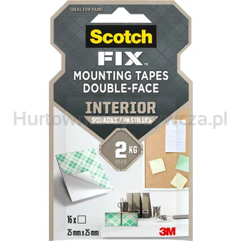 Scotch-Fix Kwadraty Montażowe Do Wewnątrz, 25 Mm X 25 Mm, 16 Pasków/Opakowanie