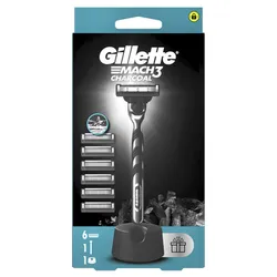 Gillette Mach3 Charcoal Maszynka do golenia dla mężczyzn ze stojakiem, 6 ostrzy wymiennych