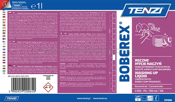 Płyn do mycia naczyń TENZI, zapach gumy balonowej, Boberex, 1l
