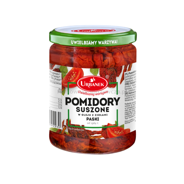 Pomidory suszone w oleju z ziołami paski 480g/320g Urbanek
