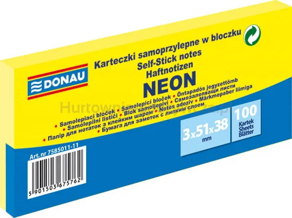 Donau Bloczek Samoprzylepny 38x51mm, 3x100 kart., neon, żółty 