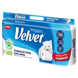 Papier toaletowy celulozowy VELVET Delikatnie Biały, 3-warstwowy, 150 listki, 8szt., biały