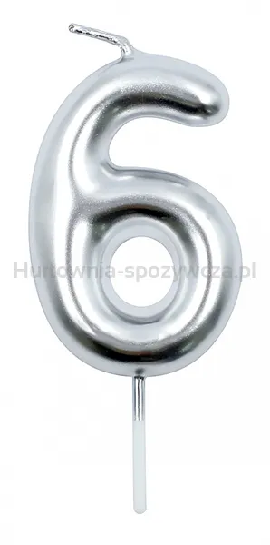 Świeczka PARTY GO, cyfra 6, 6cm, srebrna