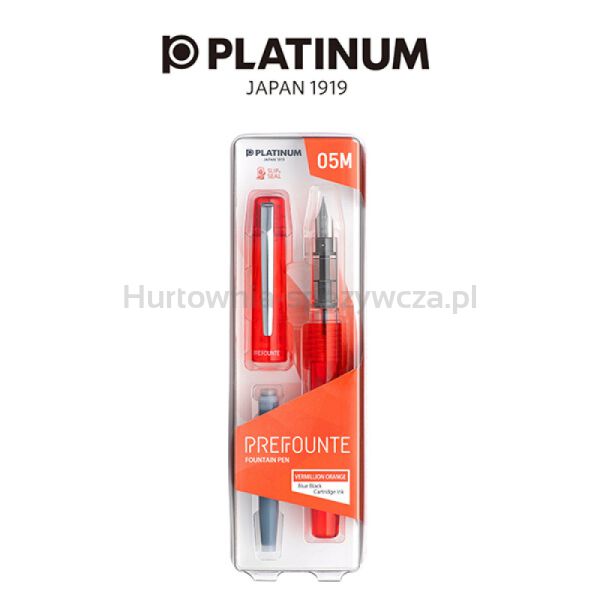Platinum Pióro wieczne Prefounte Vermilion Orange, M, w plastikowym opakowaniu, na blistrze, pomarańczowe  - 3